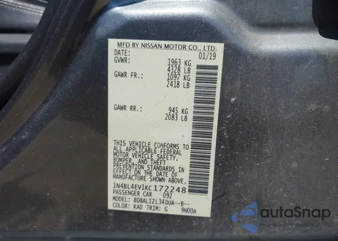 2019 Nissan Altima 2.5 Sl from USA, damaged, VIN 1N4BL4EV1KC172248